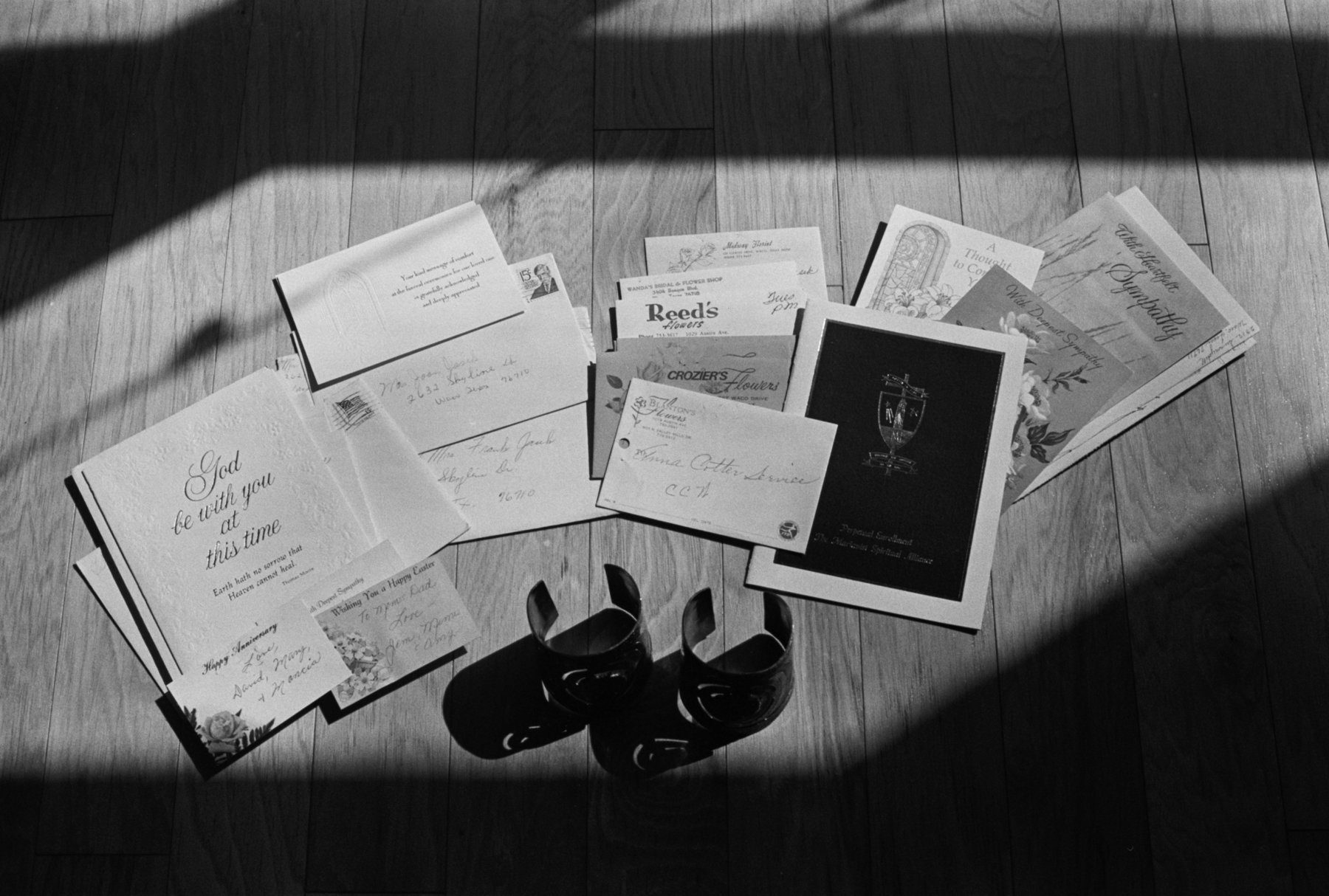 Grandma Cotter's silver cuffs, and condolence &amp; floral cards